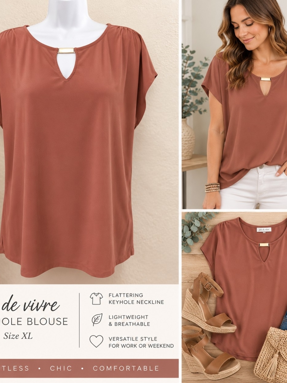 Joie de Vivre Rust Keyhole Blouse Gold Bar Detail